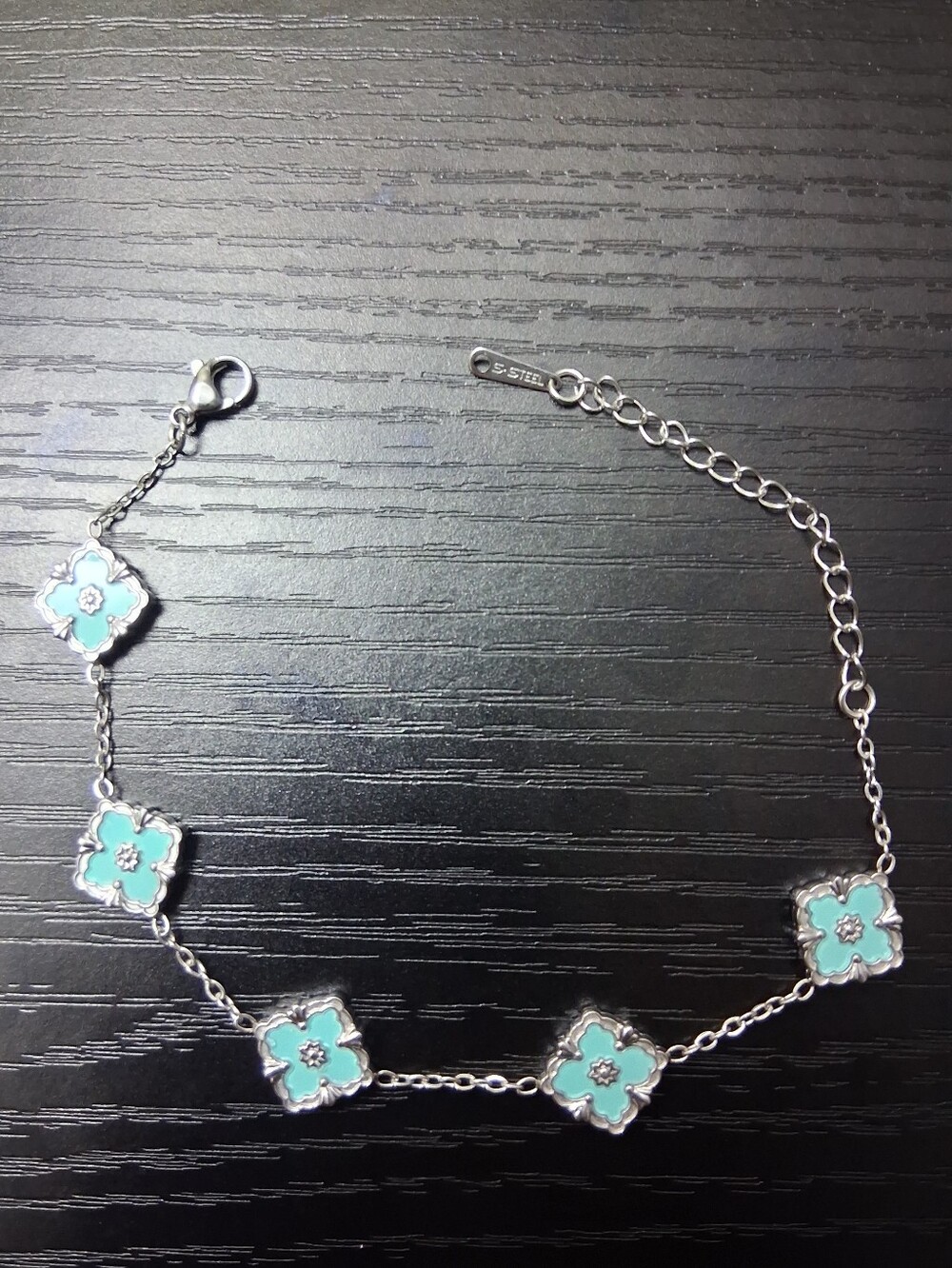 Light Blue Flower Stainless Steel Chain Silver Bracelet